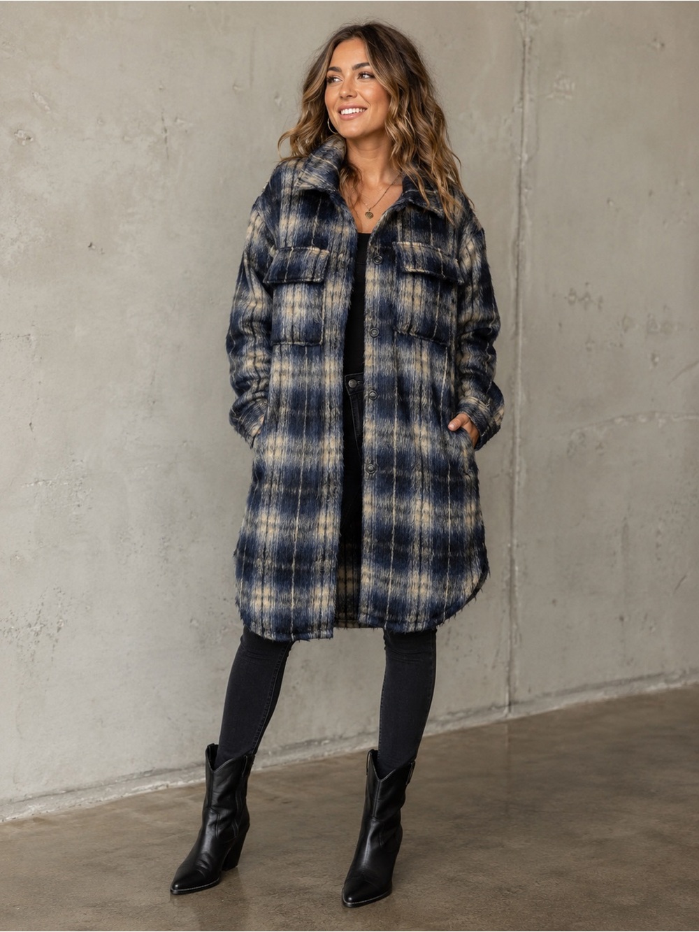 Fuzzy Plaid Shacket Coat in Navy and Cream